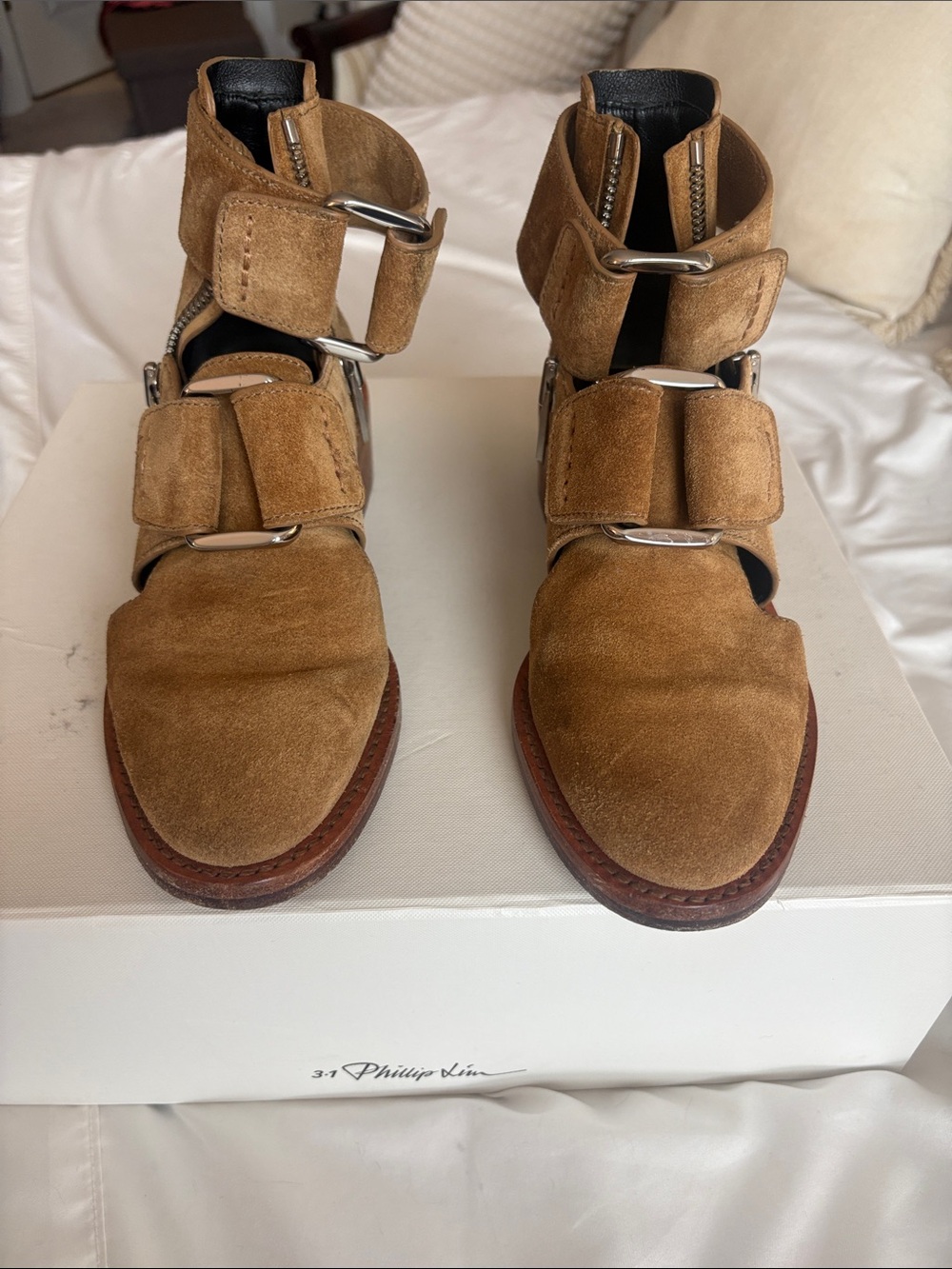 3.1 Phillip Lim Tan Suede Buckle Cutout Ankle Boots